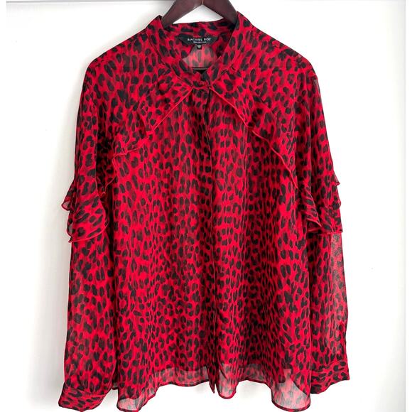 Rachel Roy Plus Sz 22W Sheer Red Black Leopard Ruffle Blouse Holiday Party Top - Picture 1 of 6